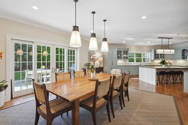 Dining room, Interior, Kitchen, Pendant Lights, Recessed Lighting, Wood Texture Flooring