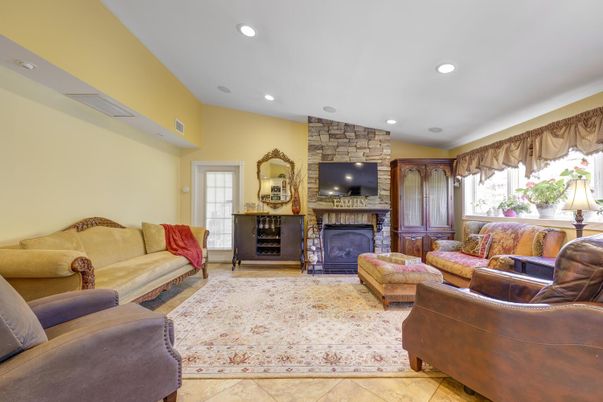 Fireplace, Interior, Living room, Recessed Lighting, Stone Walls
