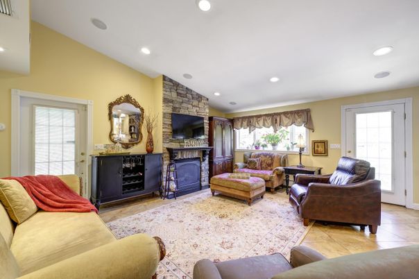 Fireplace, Interior, Living room, Recessed Lighting, Stone Walls