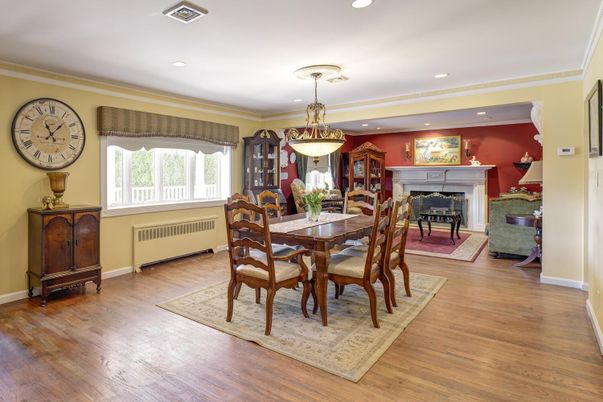 Dining room, Fireplace, Interior, Pendant Lights, Piano, Recessed Lighting, Wood Texture Flooring