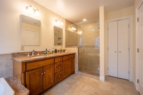 Bathroom, Dual Sink Vanities, Glass Shower, Interior, Recessed Lighting