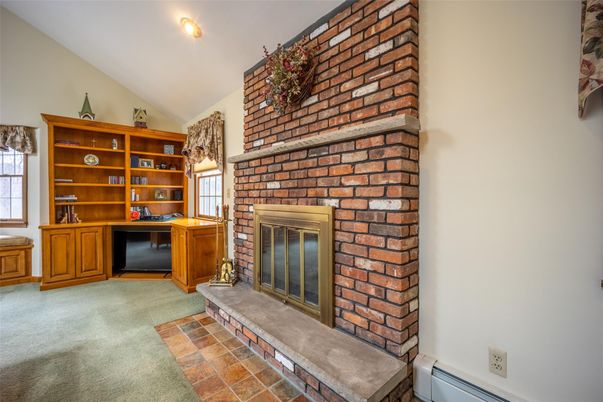 Fireplace, Interior, Recessed Lighting, Stone Walls