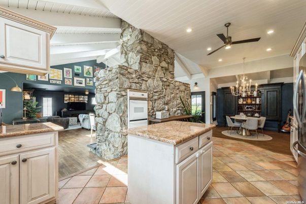 Chandelier, Dining room, Interior, Kitchen, Living room, Recessed Lighting, Stone Walls