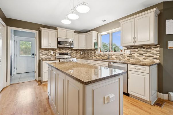 Interior, Kitchen, Pendant Lights, Stainless Steel Appliances, Wood Texture Flooring