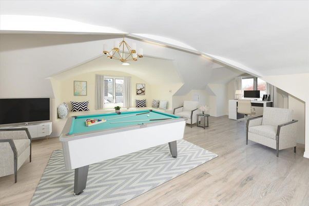 Billiard Table, Game Room, Interior, Pendant Lights, Wood Texture Flooring