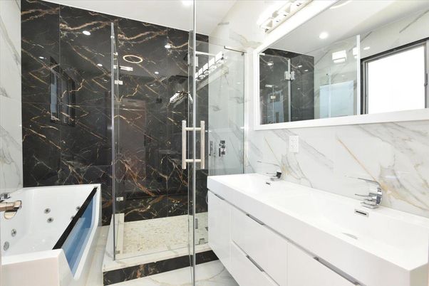Bathroom, Glass Shower, Interior, Marble Walls, Recessed Lighting