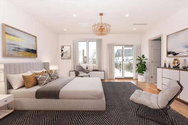 Bedroom, Chandelier, Interior, Recessed Lighting, Wood Texture Flooring