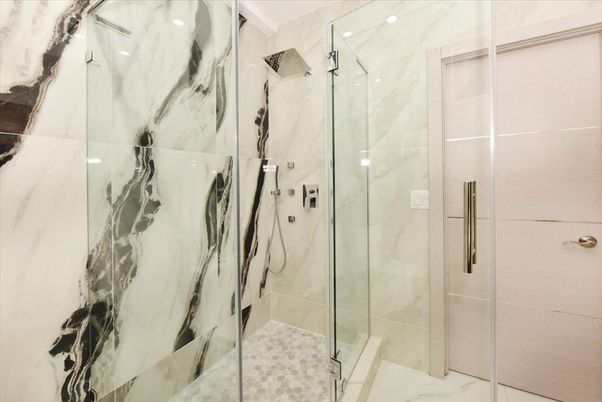Bathroom, Glass Shower, Interior, Marble, Marble Walls, Recessed Lighting