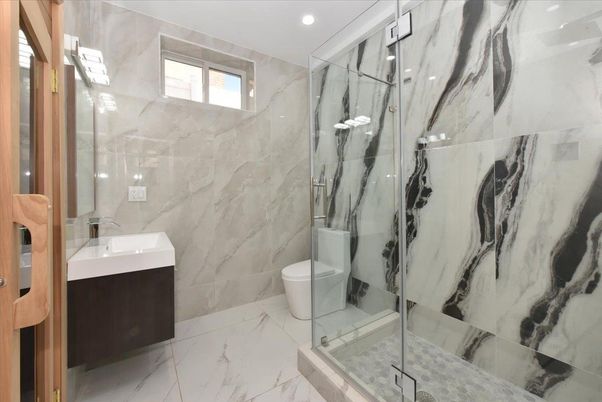 Bathroom, Glass Shower, Interior, Marble, Marble Walls, Recessed Lighting