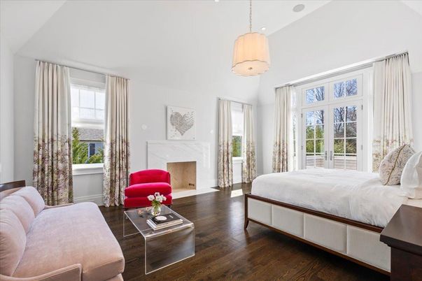Bedroom, Fireplace, Interior, Pendant Lights, Wood Texture Flooring