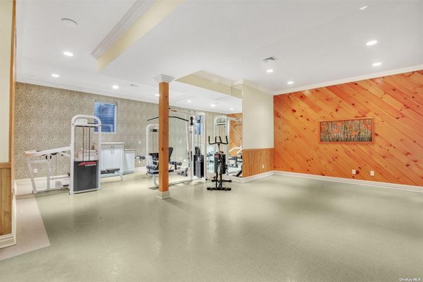 Fitness Equipment, Gym, Interior, Recessed Lighting, Wooden Walls