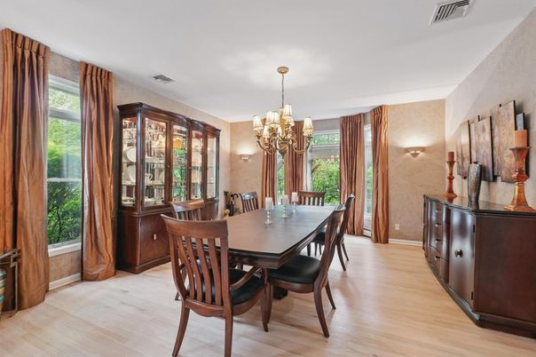 Chandelier, Dining room, Interior, Wood Texture Flooring