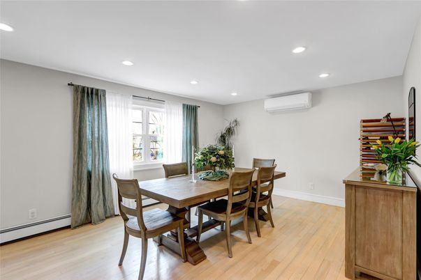 Dining room, Interior, Recessed Lighting, Wood Texture Flooring