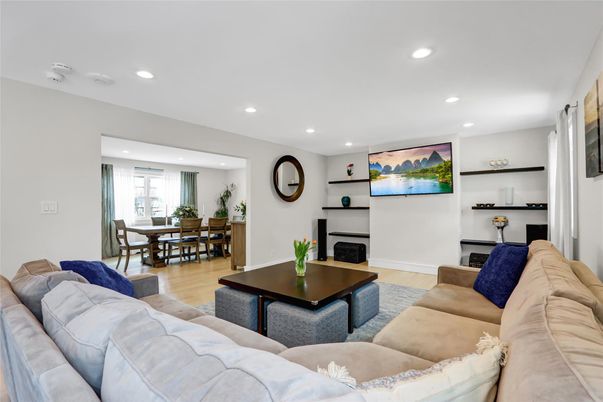 Dining room, Fireplace, Interior, Living room, Recessed Lighting, Wood Texture Flooring