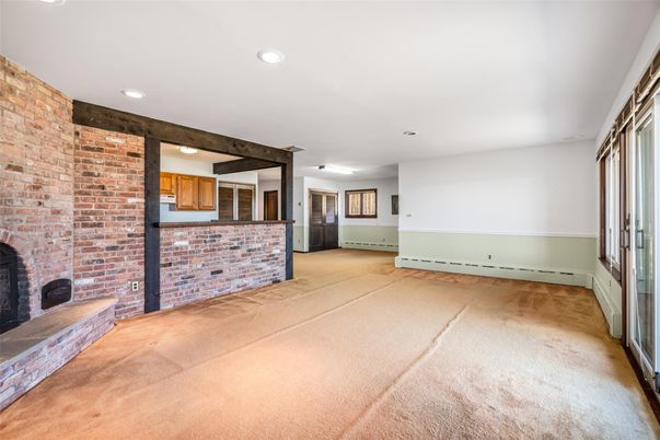 Empty room, Fireplace, Interior, Recessed Lighting, Stone Walls