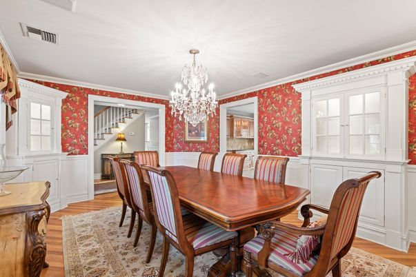 Chandelier, Dining room, Interior, Wood Texture Flooring