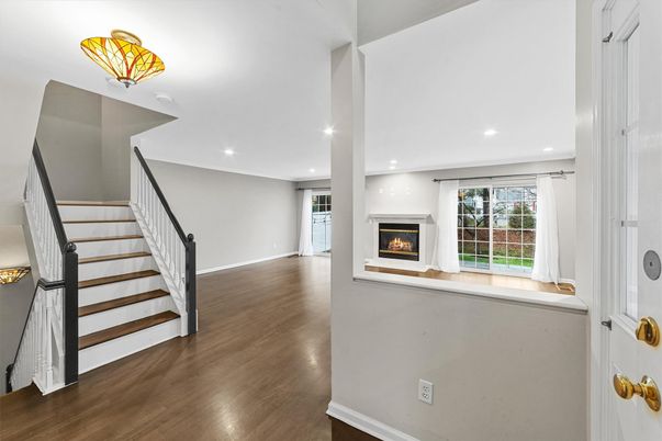 Fireplace, Interior, Recessed Lighting, Wood Texture Flooring