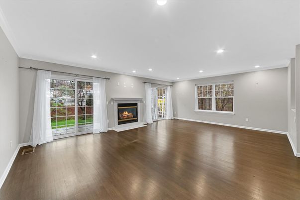 Empty room, Fireplace, Interior, Recessed Lighting, Wood Texture Flooring