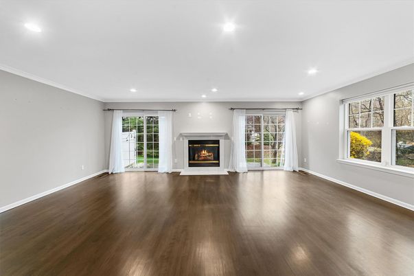Empty room, Fireplace, Interior, Recessed Lighting, Wood Texture Flooring