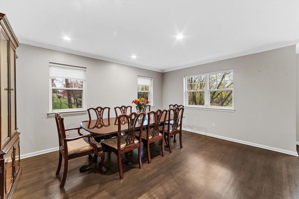 Dining room, Interior, Recessed Lighting, Wood Texture Flooring