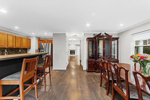 Dining room, Interior, Kitchen, Recessed Lighting, Stainless Steel Appliances, Wood Texture Flooring