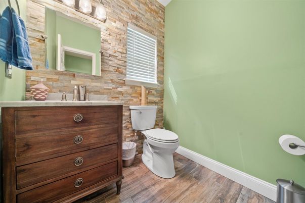 Bathroom, Interior, Stone Walls, Wood Texture Flooring