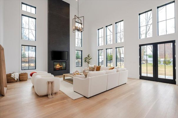 Fireplace, Interior, Living room, Pendant Lights, Wood Texture Flooring