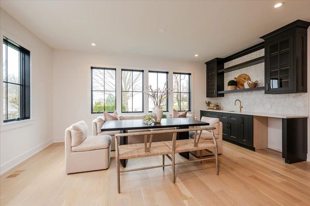 Dining room, Interior, Recessed Lighting, Wood Texture Flooring