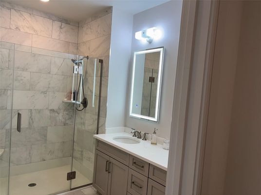 Bathroom, Glass Shower, Interior, Marble Walls, Recessed Lighting