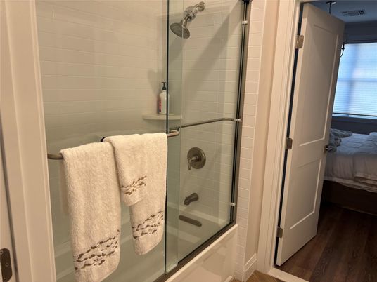 Bathroom, Glass Shower, Interior, Wood Texture Flooring