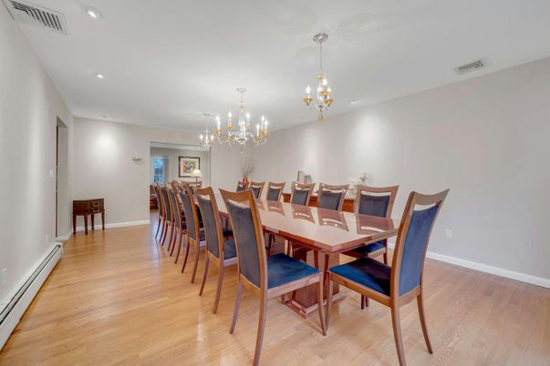 Chandelier, Dining room, Interior, Pendant Lights, Recessed Lighting, Wood Texture Flooring