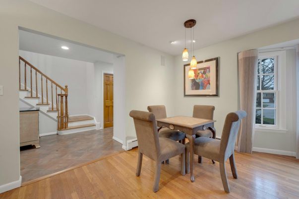 Dining room, Interior, Pendant Lights, Recessed Lighting, Wood Texture Flooring