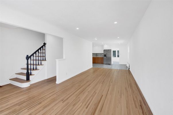 Empty room, Interior, Kitchen, Recessed Lighting, Wood Texture Flooring