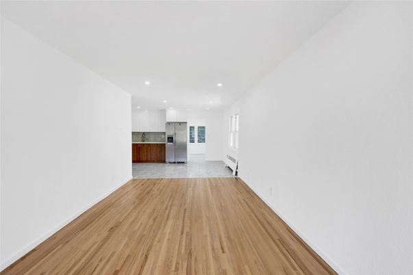 Empty room, Interior, Kitchen, Recessed Lighting, Wood Texture Flooring