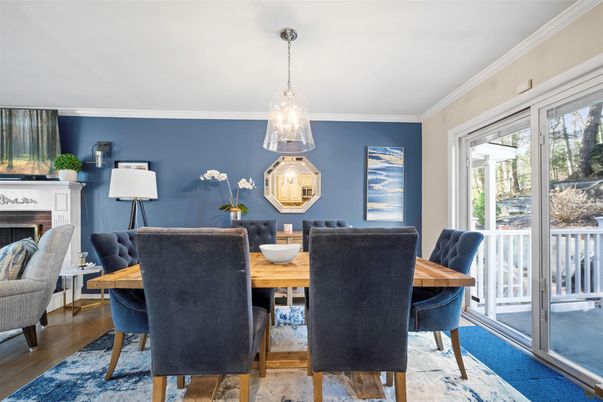 Dining room, Fireplace, Interior, Pendant Lights, Wood Texture Flooring