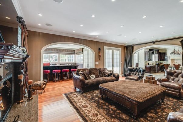 Chandelier, Dining room, Fireplace, Interior, Living room, Recessed Lighting, Wood Texture Flooring