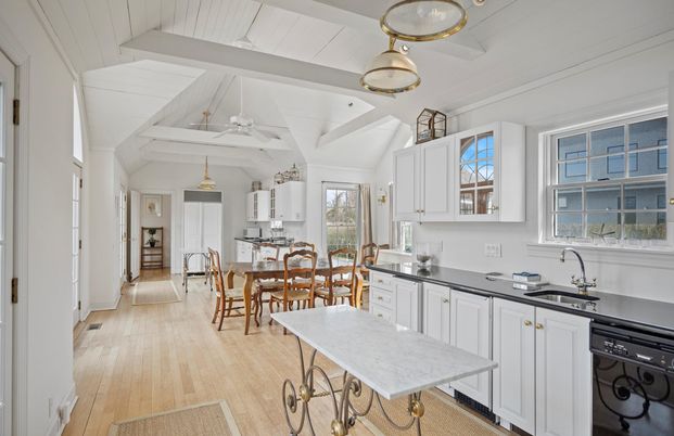 Dining room, Interior, Kitchen, Pendant Lights, Wood Texture Flooring
