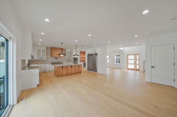 Interior, Kitchen, Pendant Lights, Recessed Lighting, Stainless Steel Appliances, Wood Texture Flooring