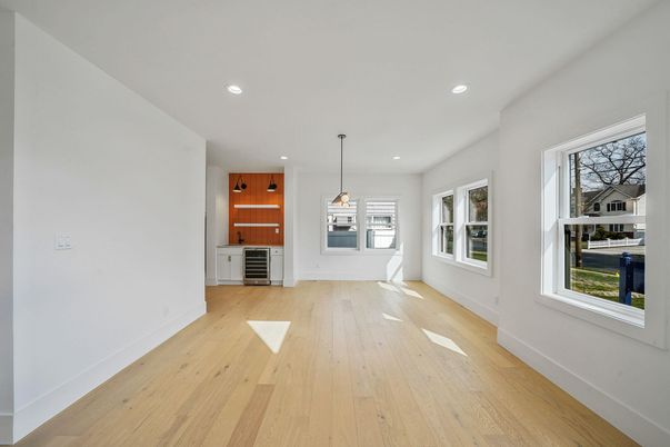 Empty room, Interior, Kitchen, Pendant Lights, Recessed Lighting, Wood Texture Flooring