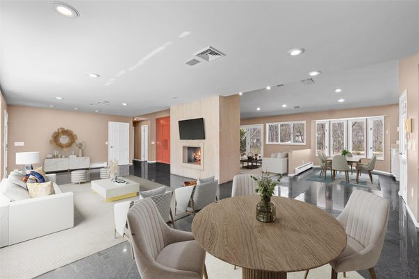 Dining room, Fireplace, Interior, Living room, Recessed Lighting