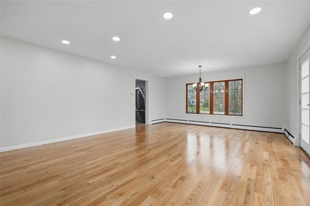 Chandelier, Empty room, Interior, Recessed Lighting, Wood Texture Flooring