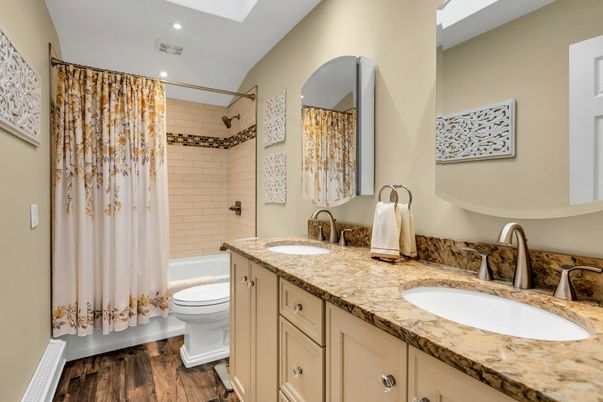 Bathroom, Dual Sink Vanities, Interior, Recessed Lighting, Wood Texture Flooring