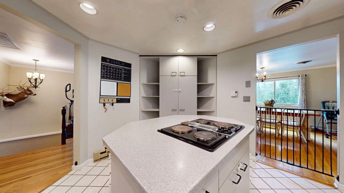 Chandelier, Interior, Kitchen, Recessed Lighting, Wood Texture Flooring