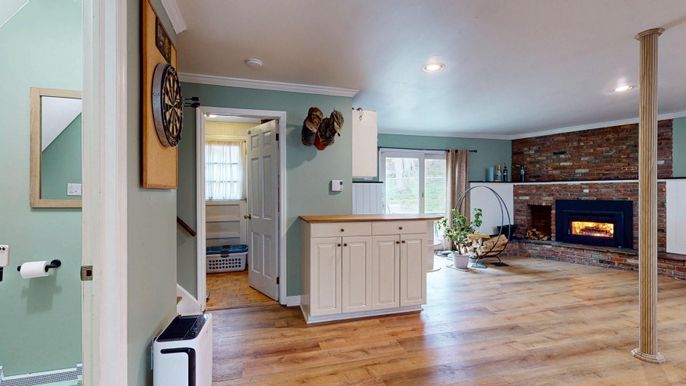 Fireplace, Interior, Recessed Lighting, Stone Walls, Wood Texture Flooring