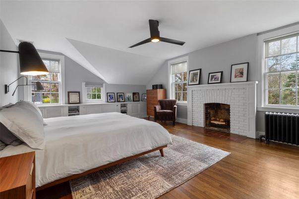 Bedroom, Fireplace, Interior, Wood Texture Flooring