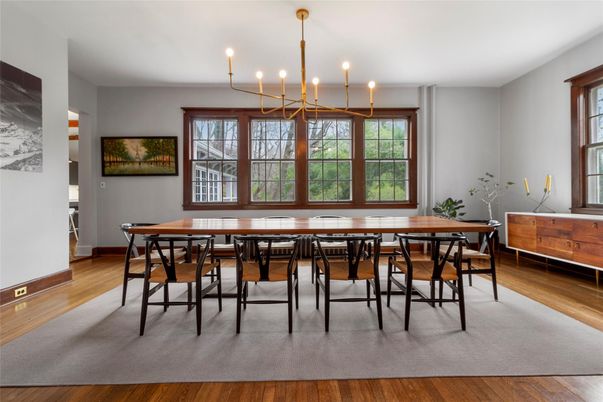 Dining room, Interior, Pendant Lights, Wood Texture Flooring