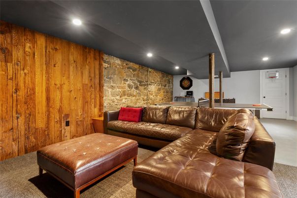 Game Room, Interior, Living room, Recessed Lighting, Stone Walls, Wooden Walls