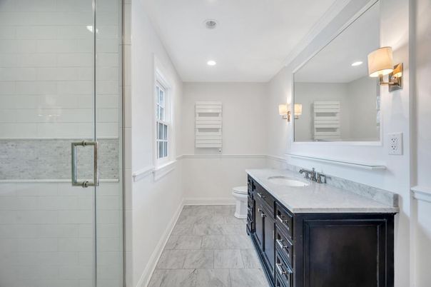 Bathroom, Dual Sink Vanities, Glass Shower, Interior, Marble, Recessed Lighting