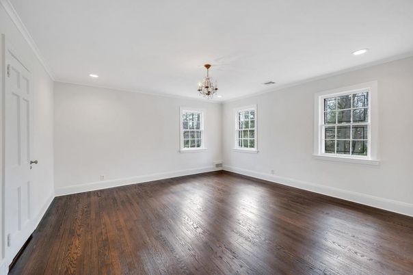 Chandelier, Empty room, Interior, Recessed Lighting, Wood Texture Flooring