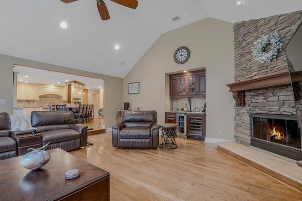 Fireplace, Interior, Kitchen, Living room, Recessed Lighting, Wood Texture Flooring